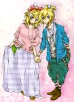  1girl colored dress hand_holding holding_hands jellylily kagamine_len kagamine_rin short_hair smile vocaloid 