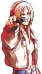  aiming_at_viewer angry aya_brea blonde_hair blue_eyes casual gangsta_hold gun jeans lips long_hair looking_at_viewer nomura_tetsuya official_art open_clothes open_jacket parasite_eve pistol solo square_(company) weapon 