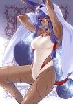  1girl armpits arms_up bangs bed_sheet blanket breasts collarbone dark_skin earrings egyptian facepaint fate/grand_order fate_(series) hair_between_eyes hair_tubes highres hoop_earrings jewelry long_hair looking_at_viewer low-tied_long_hair medium_breasts nitocris_(fate/grand_order) nitocris_(swimsuit_assassin)_(fate) one-piece_swimsuit parted_lips purple_hair solo swimsuit takanashi_ringo tsurime very_long_hair violet_eyes wet white_swimsuit 