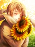  axis_powers_hetalia blonde_hair closed_eyes coat eyes_closed flower men_(tttrrr56) russia_(hetalia) scarf short_hair smile sunflower 