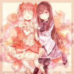  akemi_homura bubble_skirt closed_eyes eyes_closed flat_chest hand_holding holding_hands kaname_madoka long_hair magical_girl mahou_shoujo_madoka_magica multiple_girls open_mouth pantyhose pink_hair purple_eyes satou_(una-vittima) short_hair smile violet_eyes 