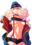  blue_eyes breasts gloves hat highres long_hair macross macross_frontier oono_tsutomu revision sheryl_nome shorts suspenders under_boob underboob 