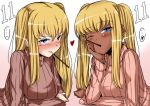  ... blonde_hair blue_eyes blush breasts brown_eyes dark_skin dated food_in_mouth frown ganguro gradient gradient_background heart heterochromia huge_breasts kogal large_breasts long_hair maru_(maruttona) mouth_hold multiple_girls original pink_background pocky pocky_day ribbed_sweater siblings simple_background sisters smile sweatdrop sweater turtleneck twins twintails white_background wink 