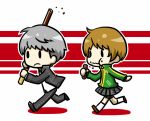  1girl brown_hair chibi grey_hair narukami_yuu oversized_object persona persona_4 pocky satonaka_chie school_uniform short_hair 