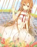  asuna_(sao) asuna_(sao-alo) bard birdcage brown_eyes brown_hair cage checkered checkered_floor choker dress ear_covers elf flower long_hair navel petals pointy_ears solo sword_art_online sxupxdxxy titania_(sao) 