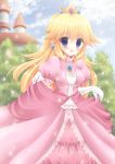 1girl :d blonde_hair blue_eyes blush castle crown curtsey dress earrings elbow_gloves eyebrows_visible_through_hair gloves hair_between_eyes highres holding jewelry kouta. long_hair looking_at_viewer open_mouth petals pink_dress princess_peach smile solo super_mario_bros.