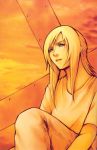  aya_brea beam blonde_hair blue_eyes knee_up long_hair nomura_tetsuya official_art parasite_eve solo sunset t-shirt 