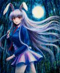  animal_ears bamboo bamboo_forest blazer bunny_ears bunny_tail forest full_moon long_hair miniskirt moon nature necktie night oil_painting_(medium) purple_hair rabbit_ears red_eyes reisen_udongein_inaba revision sketch skirt solo tafuto tail touhou traditional_media very_long_hair 