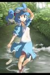  :o abe_ranzu ahoge arm_up blouse blue_eyes blue_hair goggles goggles_on_head hair_bobbles hair_ornament kawashiro_nitori letterboxed nature navel no_bra no_nose open_clothes open_mouth pocket revision see-through short_hair skirt solo standing stream touhou twintails vest wading water 