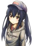  baseball_cap black_hair blush brown_eyes chain chains clothes_writing collarbone hat hoodie k-on! long_hair nakano_azusa revision simple_background solo tom_(drpow) twintails white_background 
