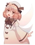  blonde_hair bow cream_(nipakupa) drill_hair hat long_sleeves luna_child open_mouth red_eyes short_hair simple_background smile solo touhou white_background wings 