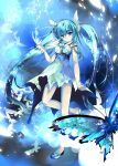  blue_eyes blue_hair butterfly butterfly_hair_ornament dress hair_ornament hatsune_miku highres long_hair looking_at_viewer mikeou shoes sleeveless sleeveless_dress smile solo twintails very_long_hair vocaloid 