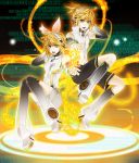  aqua_eyes arm_warmers bass_clef binary blonde_hair brother_and_sister detached_sleeves hair_ornament hair_ribbon hairclip headphones highres kagamine_len kagamine_len_(append) kagamine_rin kagamine_rin_(append) leg_warmers navel revision ribbon rico_(fbn3) short_hair shorts siblings treble_clef twins vocaloid vocaloid_append 