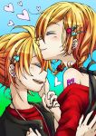  1girl belukuel closed_eyes colored eyes_closed forehead_kiss hand_on_another&#039;s_face hand_on_another's_face heart kagamine_len kagamine_rin kiss short_hair smile vocaloid 