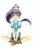  :d animal_on_head black_hair blue_eyes bow_tie bowtie cosplay earrings fang ganaha_hibiki gangnam_style hamster hamuzou hoop_earrings idolmaster jewelry long_hair looking_at_viewer mushiboy open_mouth ponytail psy psy_(cosplay) sandals shorts sitting smile solo white_background 