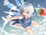  &gt;:d :d blue_dress blue_eyes bow cirno dress hair_bow open_mouth outstretched_arm outstretched_hand popsicle puffy_sleeves revision shirt short_hair short_sleeves silver_hair slashing smile solo sword touhou wakame_mi watermelon_bar weapon wings 
