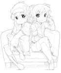  akechi_kokoro crossed_legs ekakibito lineart looking_at_viewer monochrome multiple_girls sherlock_shellingford sitting smile tantei_opera_milky_holmes 