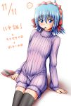  1boy ayasaki_hayate blue_eyes blue_hair blush crossdressinging dated hayate_no_gotoku! looking_at_viewer male mouth_hold pocky pocky_day ponpo short_hair stockings sweat sweater thigh-highs thighhighs translation_request trap 