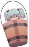  blush braid bucket cream_(nipakupa) green_hair grey_eyes hair_bobbles hair_ornament in_bucket in_container kisume looking_at_viewer solo touhou twin_braids twintails 