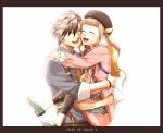  1girl beret black_hair brown_hair capri_pants carrying closed_eyes elle_mel_martha eyes_closed hat highres hug jacket jewelry long_hair ludger_will_kresnik multicolored_hair open_mouth pendant ramta shirt shoes smile spandex tales_of_(series) tales_of_xillia tales_of_xillia_2 title_drop twintails two-tone_hair white_background white_hair 