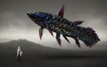  coelacanth epic fantasy fish floating flying ka92 mecha monster mountain original polearm realistic robot science_fiction shield spear tunic warrior weapon 