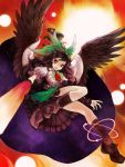  black_hair bow cape frills hair_bow highres long_hair mismatched_footwear red_eyes reiuji_utsuho solo touhou wings yoshimo1516 