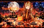  blush green_hair halloween hatsune_miku jack-o&#039;-lantern jack-o'-lantern open_mouth red_eyes satou_(una-vittima) smile solo vocaloid wink 