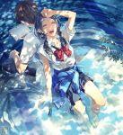  1girl ^_^ back-to-back blue blue_hair book bowtie closed_eyes cloud clouds eyes_closed flip-flops from_above hand_on_forehead highres hose jacket_around_waist laughing long_hair minami_seira open_mouth original partially_submerged pool reading reflection revision ripples sandals school_uniform shirt sitting sky sleeves_pushed_up summer tree_shade twintails water wet 