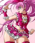  blue_eyes braid brooch choker clenched_hand cure_melody earrings frills houjou_hibiki isu jewelry long_hair lowres magical_girl midriff navel pink pink_background pink_hair pink_legwear precure solo suite_precure thighhighs when_you_see_it wide_hips wrist_cuffs 