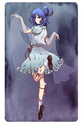  blue_eyes blue_hair dress flower hair_rings hair_stick highres kaku_seiga looking_back ofuda oi_yameru shawl solo standing_on_one_leg touhou vest 