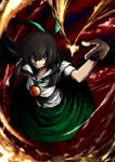  black_hair bow breasts cape fire from_above hair_bow lefthand long_hair red_eyes reiuji_utsuho revision solo touhou wings 