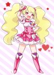  :d \m/ arm_up blonde_hair blush boots choker corset cure_peach fresh_precure! hair_ornament hairpin hand_on_hip heart long_hair magical_girl momozono_love open_mouth pink_eyes precure skirt smile solo star terayamaden twintails 