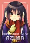  black_hair brown_eyes earmuffs gouda_nagi happy_birthday highres k-on! long_hair mittens nakano_azusa scarf twintails 
