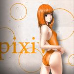  ass black_eyes competition_swimsuit flat_chest highres kirin404 looking_back one-piece_swimsuit orange_(color) orange_hair original revision short_hair solo swimsuit 