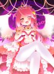  :d bare_shoulders blush bracelet crossed_legs dress fang jewelry locket long_hair looking_at_viewer magic_circle open_mouth original pantyhose pendant pink_hair pointy_ears ringo_yuyu sitting smile solo tiara white_legwear wings yellow_eyes 