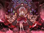  bat_wings blonde_hair blood bone crystal cup flandre_scarlet glowing glowing_eyes hat hat_ribbon highres marionette_(excle) red_eyes revision ribbon short_hair side_ponytail skull solo stained_glass stuffed_animal stuffed_toy teddy_bear throne touhou what_is_a_man? wings 