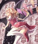  ass back blonde_hair blush flandre_scarlet light_particles no_hat no_headwear nyafu_(moai_lion) open_mouth panties revision short_hair side_ponytail sideways_mouth skirt smile solo stained_glass striped striped_panties thigh-highs thighhighs touhou underwear white_legwear wings 
