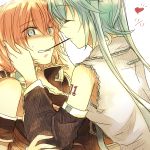  blush closed_eyes dated detached_sleeves eyes_closed green_hair hatsune_miku megurine_luka multiple_girls pocky pocky_kiss red_hair redhead shared_food sweatdrop twintails vocaloid yuri yuuyu_(777) 