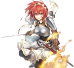  black_legwear breastplate cecily_cambell fire gloves long_hair looking_at_viewer pantyhose pauldrons red_eyes red_hair redhead runa scabbard seiken_no_blacksmith sheath simple_background skirt solo sword weapon white_background 