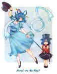  blue_hair blush_stickers breasts cane closed_eyes dancing english eyes_closed hair_rings hair_stick hat hat_tip holding holding_hat jiangshi kaku_seiga miyako_yoshika multiple_girls ofuda outstretched_arms shawl smile solid_circle_eyes terajin top_hat touhou zombie_pose 