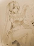  cleavage detached_sleeves etwahl hsuliherng large_breasts league_of_legends long_hair looking_at_viewer midriff monochrome sona_buvelle star traditional_media twintails very_long_hair 