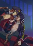  blood blue_hair clothes_grab coat dark_persona dual_persona eye_contact french_kiss garlock_simon goggles goggles_on_head green_eyes highres kiss looking_at_another male multiple_boys open_mouth pandh saliva saliva_trail selfcest shirtless simon sweat tengen_toppa_gurren_lagann tongue tongue_out yaoi 