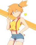  hand_on_hip kasumi_(pokemon) midriff misty_(pokemon) navel orange_hair pokemon pokemon_(anime) pokemon_(game) revision short_hair shorts side_ponytail sooya star suspenders thumbs_up wink 