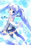  blue_eyes blue_hair detached_sleeves hatsune_miku headset highres long_hair looking_at_viewer looking_back mikeou necktie outstretched_arms scarf skirt smile snowflakes solo thigh-highs thighhighs twintails very_long_hair vocaloid yuki_miku zettai_ryouiki 