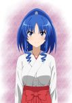  blue_eyes blue_hair blush breasts highres iyakun japanese_clothes looking_at_viewer miko original smile solo 