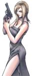  aya_brea bare_legs bare_shoulders beretta_92 black_dress blonde_hair blue_eyes breasts cleavage dress earrings formal gown gun handgun jewelry long_hair nomura_tetsuya official_art parasite_eve pistol side_slit solo trigger_discipline weapon 