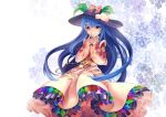  blue_hair bow dress food fruit hat hat_bow hinanawi_tenshi long_hair looking_at_viewer peach pping red_eyes smile solo touhou very_long_hair 