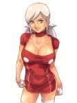  absurdres breasts cleavage fingerless_gloves gloves green_eyes grimm&#039;s_fairy_tales grimm's_fairy_tales highres large_breasts lips little_red_riding_hood little_red_riding_hood_(grimm) little_red_riding_hoods_zombie_bbq red santi_casas smile solo standing thighs white_hair 