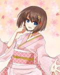  blue_eyes blush brown_hair highres japanese_clothes kimono kuchibiru_(0023) looking_at_viewer lyrical_nanoha open_mouth short_hair solo yagami_hayate 