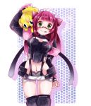  :p animal_ears breasts cat_ears glasses green_eyes hunter_(phantasy_star_online_2) looking_at_viewer maid_headdress midriff navel neighbor_quartz phantasy_star phantasy_star_online_2 polka_dot polka_dot_background purple_hair rappy simple_background smile solo sumitaso thigh_gap tongue 